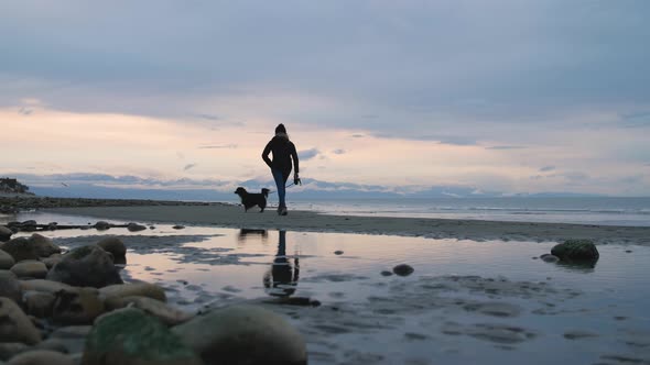 woman walking dog and playing on the coastline