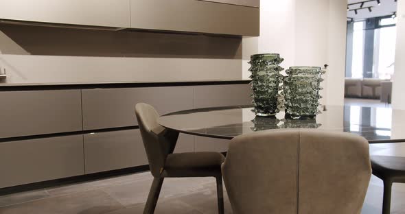 Leather Modern Gray Chair in Living Room with Kitchen and Dining Table