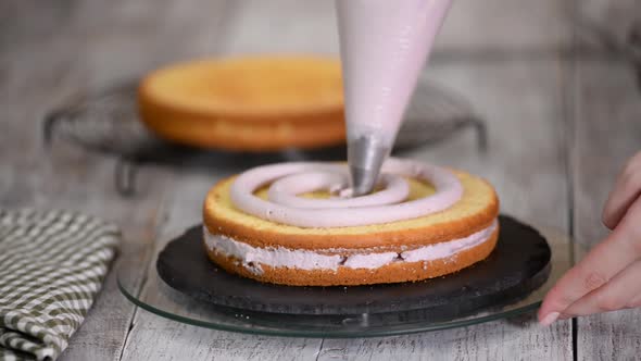 The woman's hands squeezing the cream on a cake. Tasty cream on the cake	