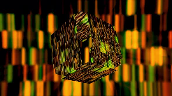 Orange and bright green background with a cube