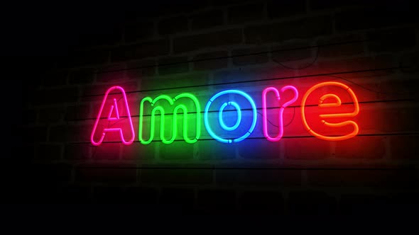 Amore love symbol neon on brick wall 3d