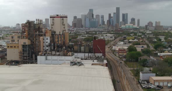 Panning aerial shot of city of Houston from Houston East End