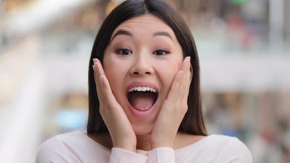Oh My God Wow Expression Amazed Excited Asian Happy Woman Surprise Looking at Camera with Big Eyes