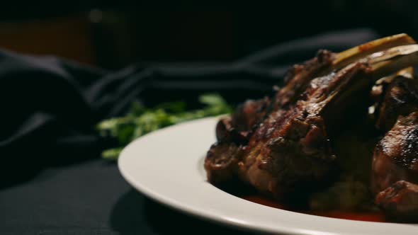 Lamb chops with rice and brussel sprouts.