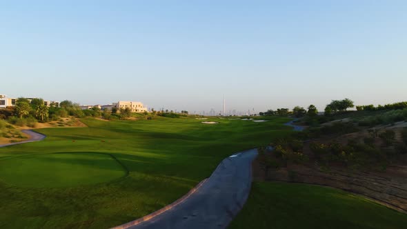 Aerial view of golf club on a luxury residential area, Dubai, U.A.E.