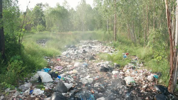 B roll of garbage dump in forest. Environment crisis. Garbage and fire burn.