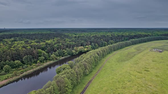 Drone Shot of Landscape with River and Field