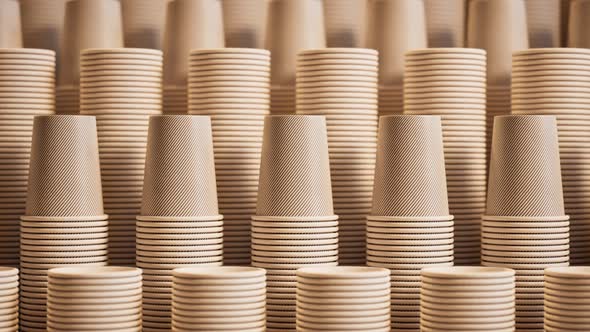 Footage of assorted disposable cups. Stacks of cups. Close up. Zooming in.