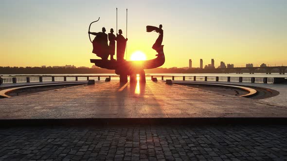 Kyiv, Ukraine - a Monument To the Founders of the City in the Morning at Dawn. Aerial