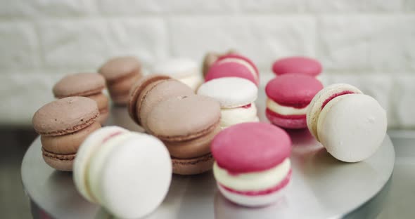 Cooking Confectionery And Baking Concept Colorful Red White And Caramel Macarons