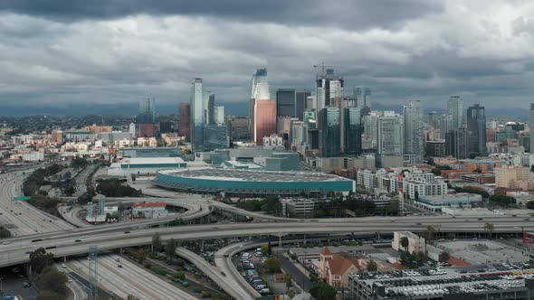 Sun Is Shining Over the Scenic Downtown Los Angeles. Aerial of Busy Highway 