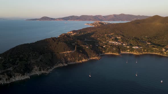 Aerial view of Capo d'Enfola at sunset, Elba Island, Tuscany, Italy.