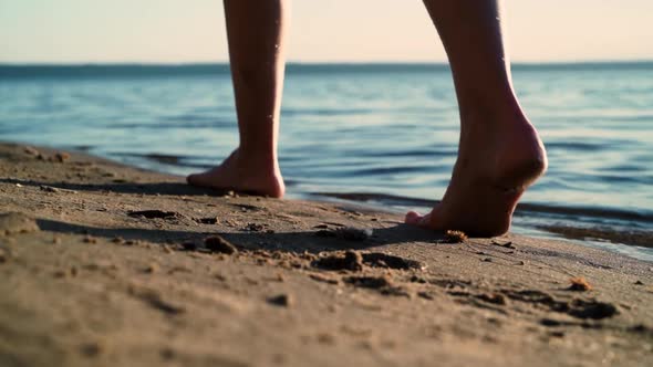 Barefoot feet of a young woman walk on the sand along the coast at sunset