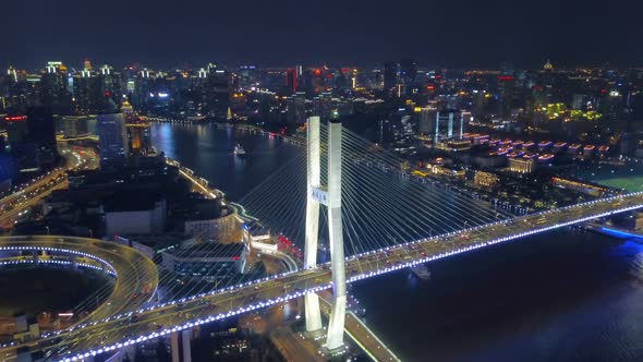 Aerial view of roundabout of Nanpu Bridge, Shanghai Downtown, China.