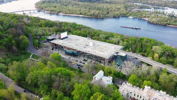 Aerial view above helipad. Drone Flight Over Rooftop Helipad.