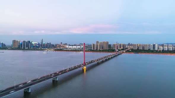 Timelapse of city skyline from day to night in hangzhou china