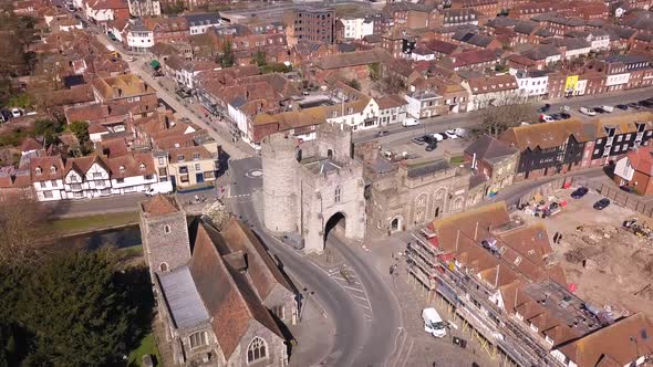 Aerial shot of the Westgate Towers in Canterbury, Kent