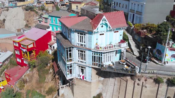 Colorful Houses cottages on hills (Valparaiso, Chile) aerial view, drone footage