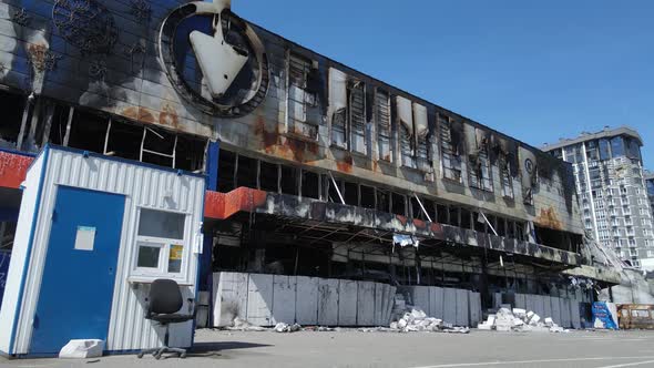 Wartorn Building of a Shopping Center in Bucha Ukraine