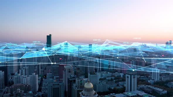 smart Connected city skyline. Futuristic network concept, city Technology.