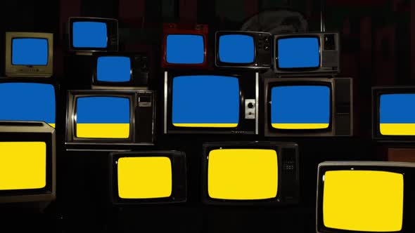 Flag of Ukraine on Retro TVs.