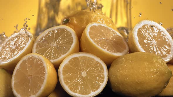 Slow Motion Shot of Lemon and Water Splashing Through Lemon Slices