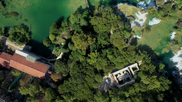 Top down aerial view over Krka National Park