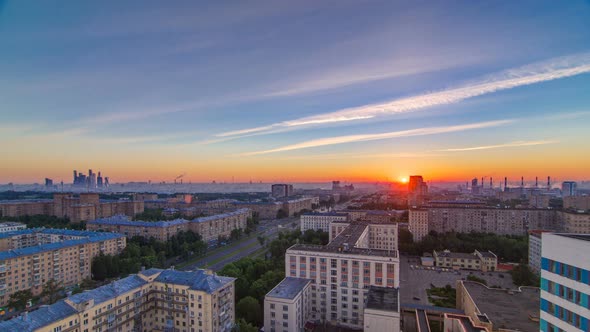 Residential Buildings Stalin Skyscrapers and Panorama of City at Sunrise Timelapse in Moscow Russia