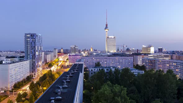 Day to Night Aerial Time Lapse of Berlin cityscape with television tower, Berlin, Germany
