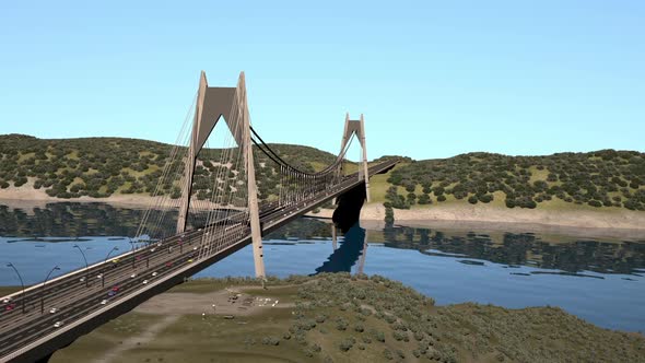 Passenger trains advancing on the bridge, 3D Animated video.