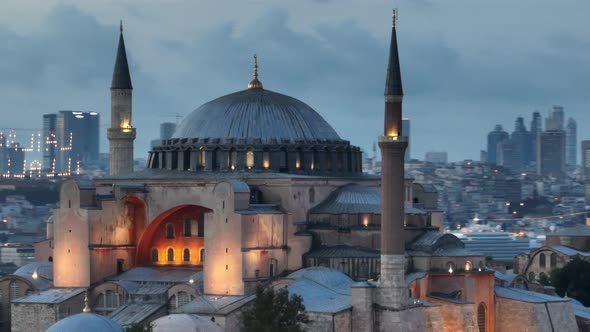 Establishing Orbiting Aerial Drone Shot of a Hagia Sophia Holy Grand Mosque with Bosphorus Bridge