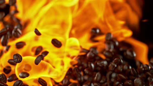 Super Slow Motion Shot of Coffee Beans and Flames After Being Exploded at 1000Fps