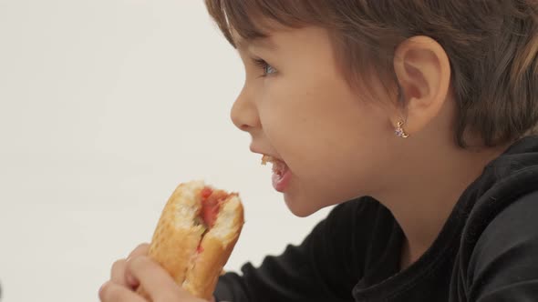 Short Haired Little Girl Eats Hot Dog