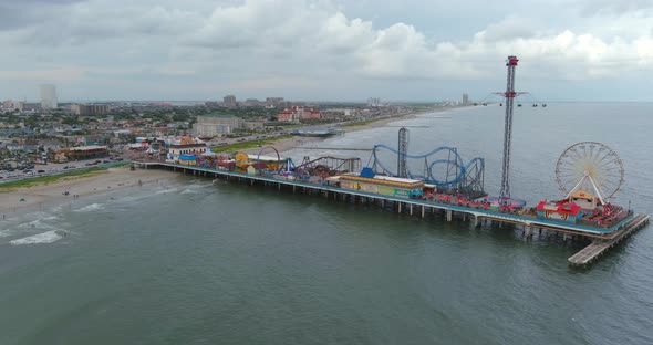 Aerial view of Pier off the coastal area of Galveston Island Texas