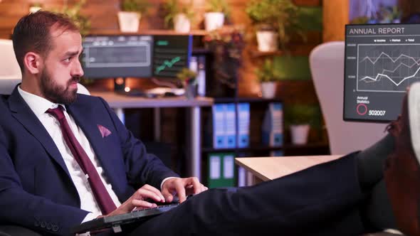 Relaxed Businessman with Feet on Desk Office Working During Night Hours