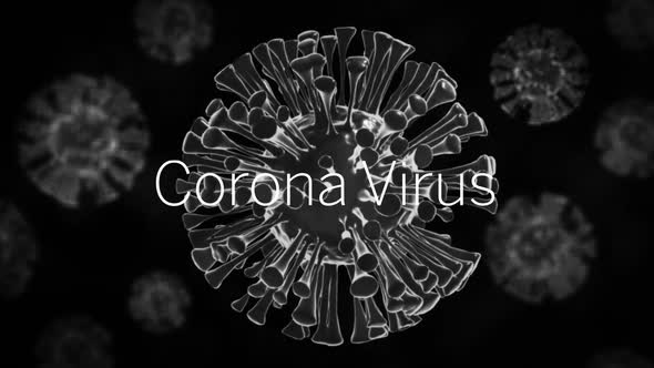 Animation of the words Corona Virus written in white on 3d coronavirus cells spreading on black back