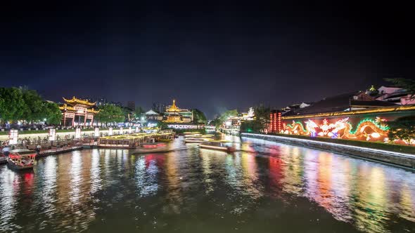 Time Lapse of Nanjing Confucius Temple scenic region and Qinhuai River