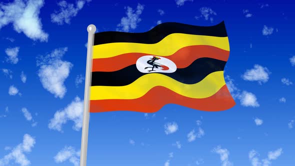 Uganda Flying Flag Wave In The Sky With Clouds