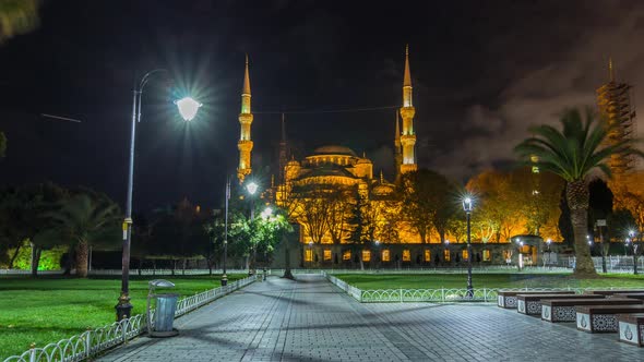 Blue Mosque Timelapse Hyperlapse at Night with Golden Illumination Istanbul