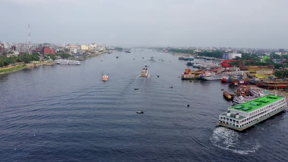 Aerial view of a busy wharf along Buriganga river, Bangladesh.