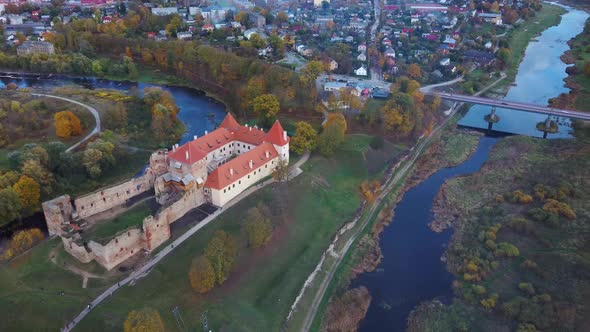 Bauska Medieval Castle Ruins Complex and Park From Above Aerial Shot 4K Video