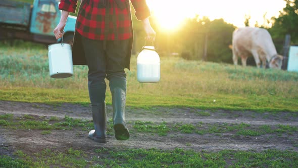 Woman Walks Through the Countryside and Carries Two Bottles Milk After Milking Cow on Farm Pasture