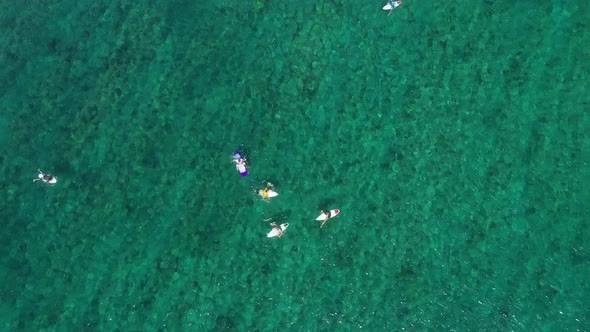 Young surfers catching waves in a calm beach in the Maldives islands, Aerial top view lowering shot