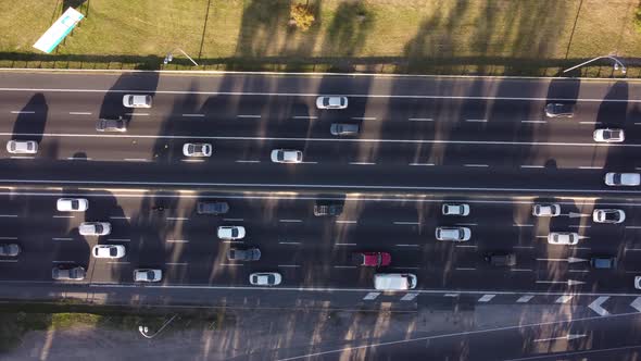 Car traffic at General Paz highway in Buenos Aires in Argentina. Aerial top down