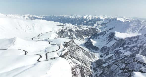 Gudauri, Georgia - February 22, 2022: Aerial view of Russia–Georgia Friendship Monument