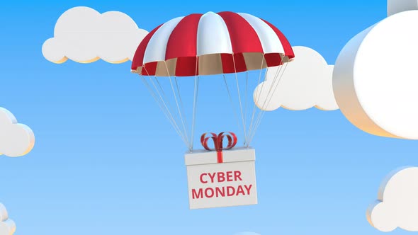 Box with CYBER MONDAY Falls with a Parachute