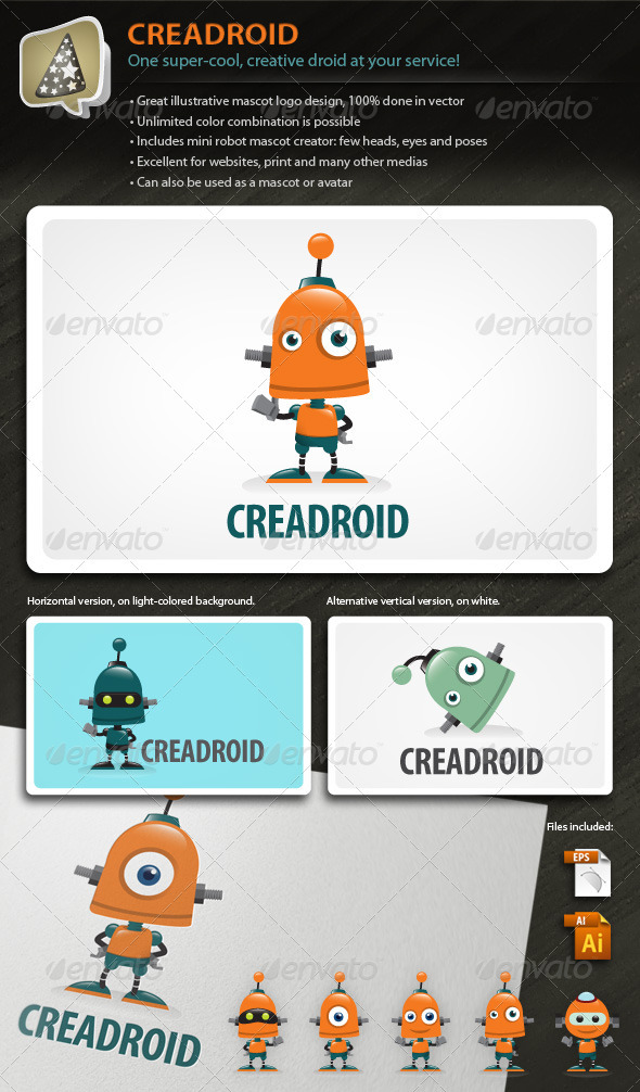 Creadroid - Robot Mascot Logo For Any Creative Biz