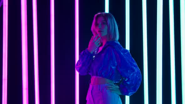 Portrait Young Stylish Sexual Blonde Pink Short Hair Poses Against Dark Studio Background Bright