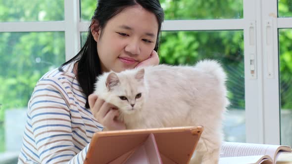 Happy Asian Girl Playing With Pet Cat While Doing Homework