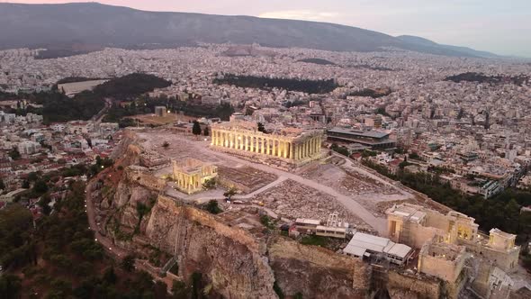 Historical Landmarks On Rocky Outcrop Overlooking City Of Athens In Greece. Ancient Acropolis Of Ath